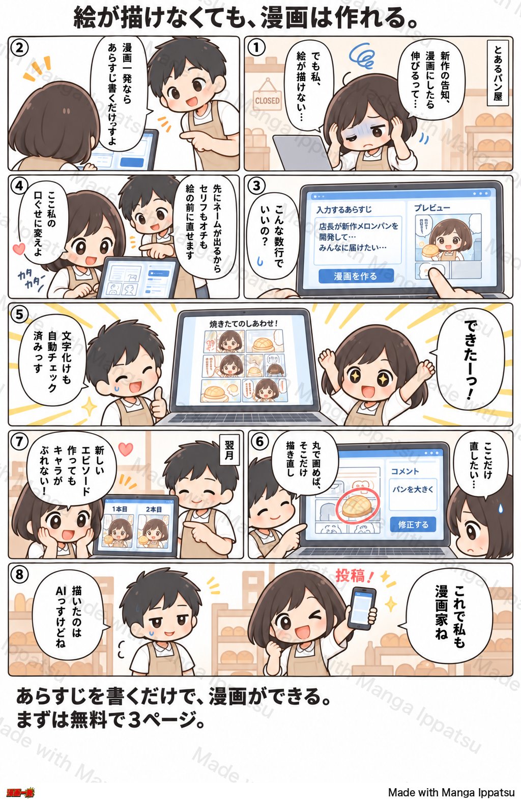 漫画一発 の紹介漫画（漫画一発 で生成した1ページ漫画）